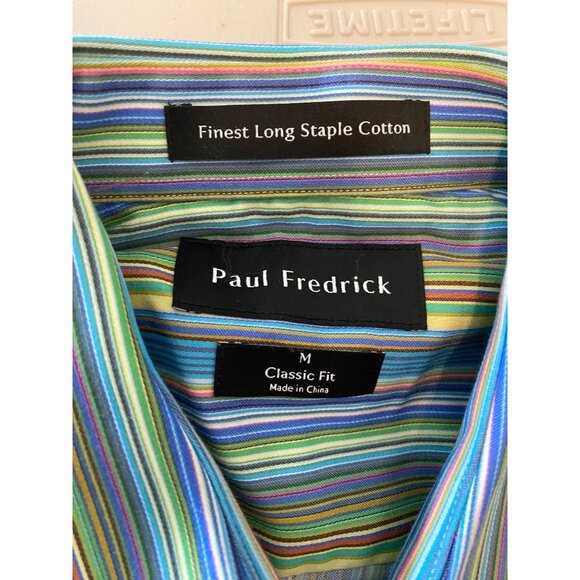 2 Paul Fredrick Mens Classic Fit Dress Shirts Pink & Green Striped Medium - Picture 3 of 9